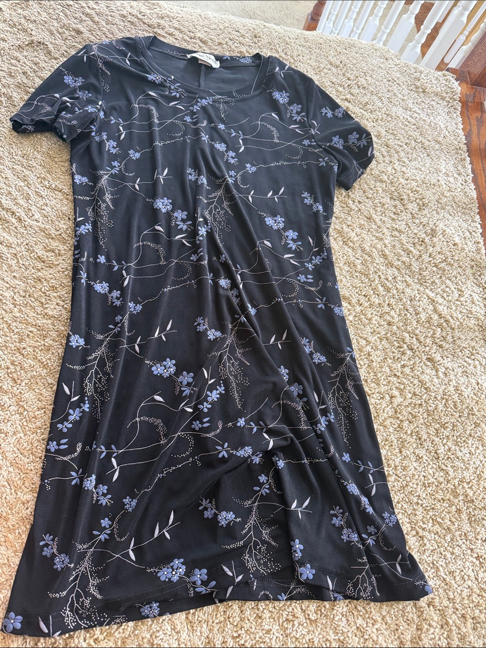 Black Floral Short Sleeve A-Line Dress with Blue Blossoms